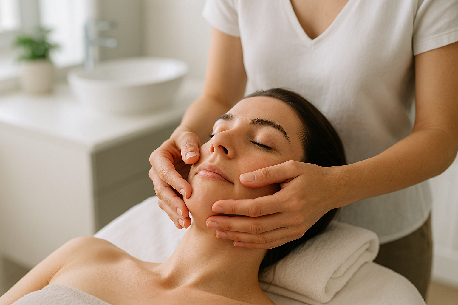 Mani che eseguono un massaggio facciale delicato sulle guance in una routine skincare