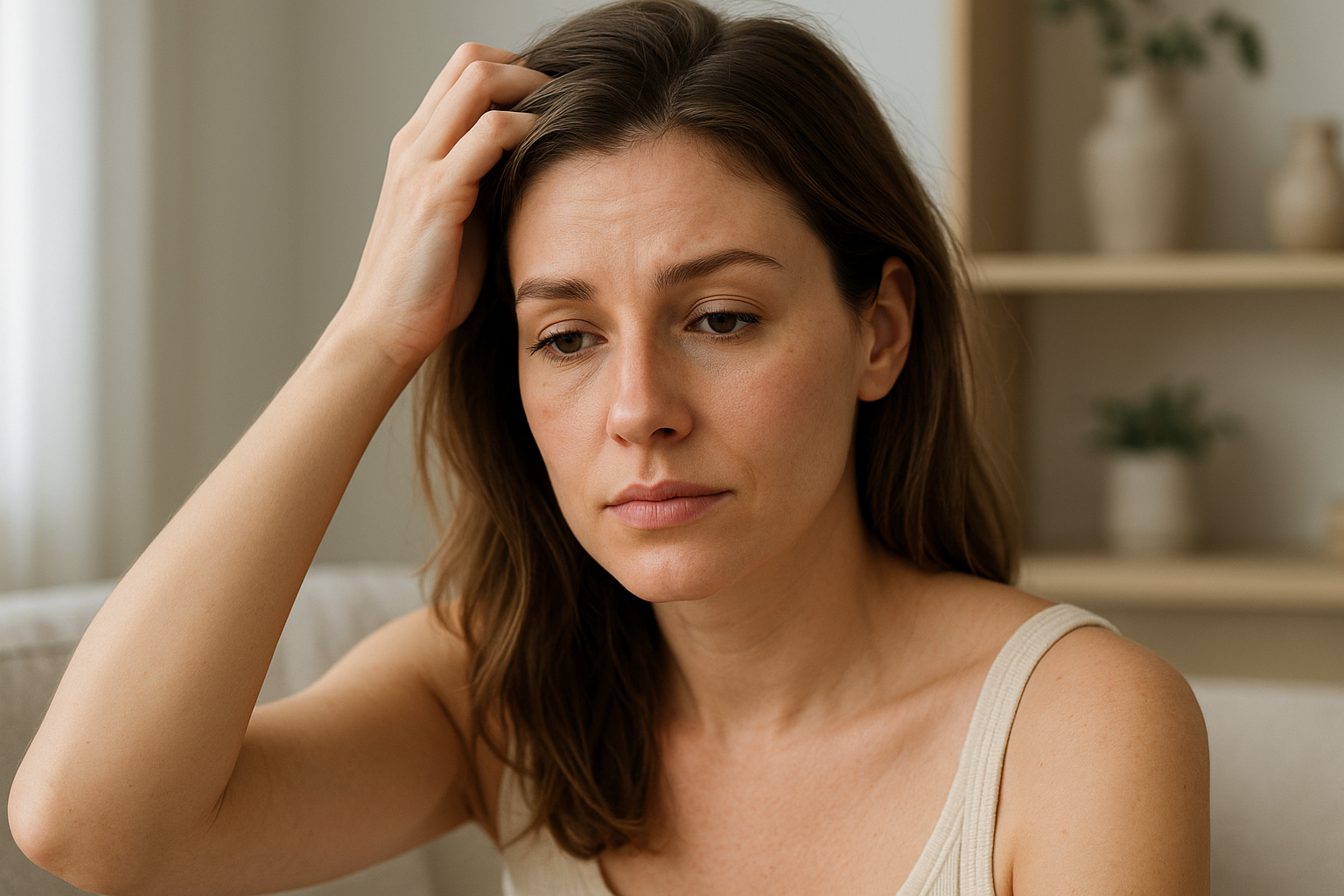 Donna con espressione stanca che si tocca i capelli, concetto di stress che influisce su pelle e capelli