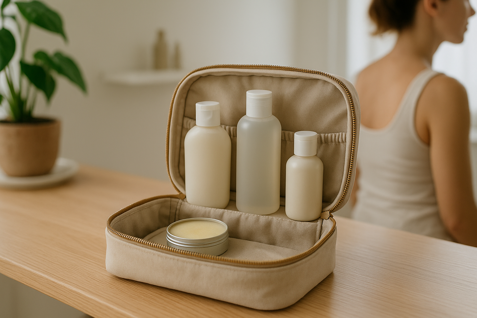 Beauty bag minimal da viaggio con pochi prodotti essenziali per skincare e cura personale