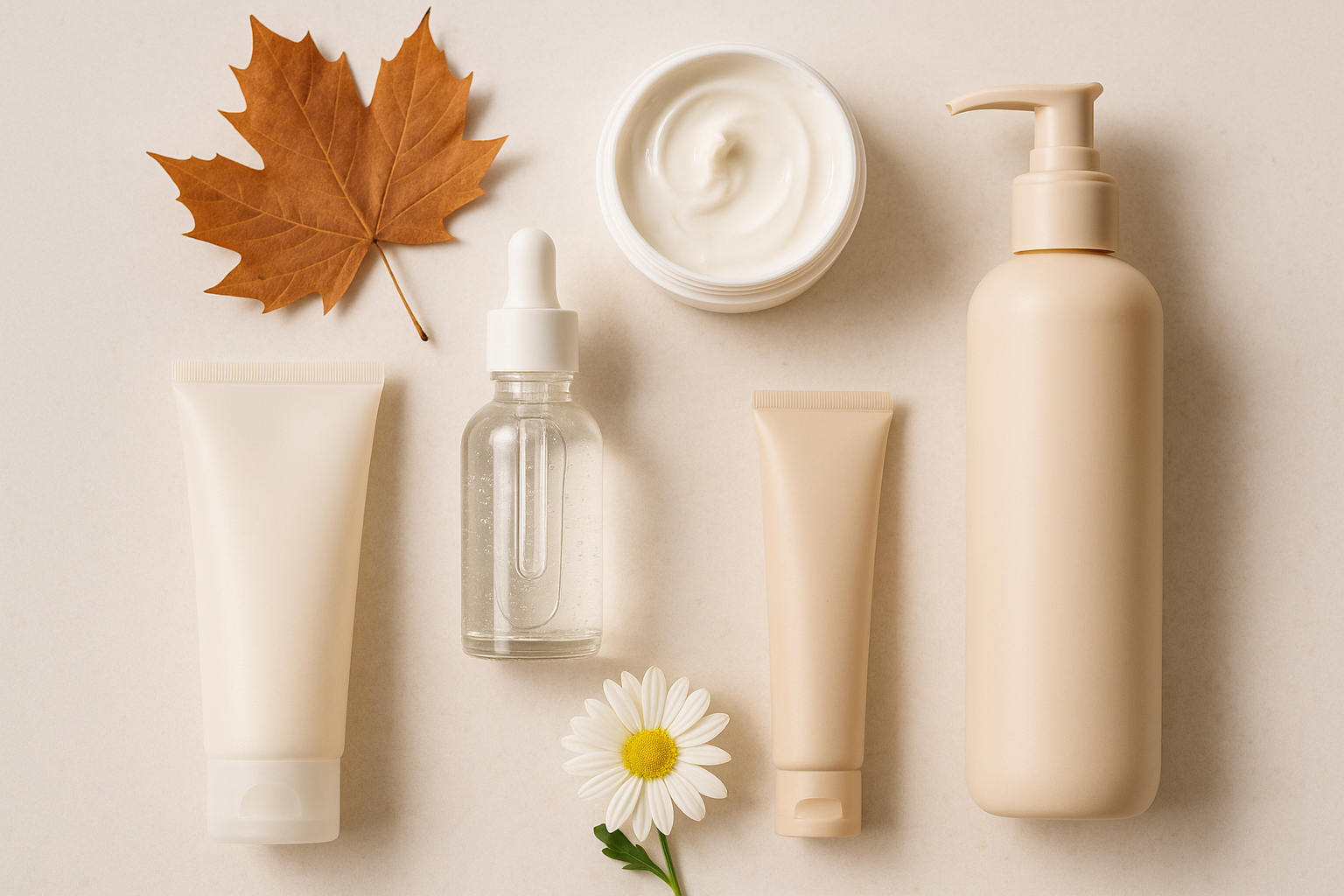 Prodotti per skincare e haircare disposti in modo minimal per il cambio di stagione