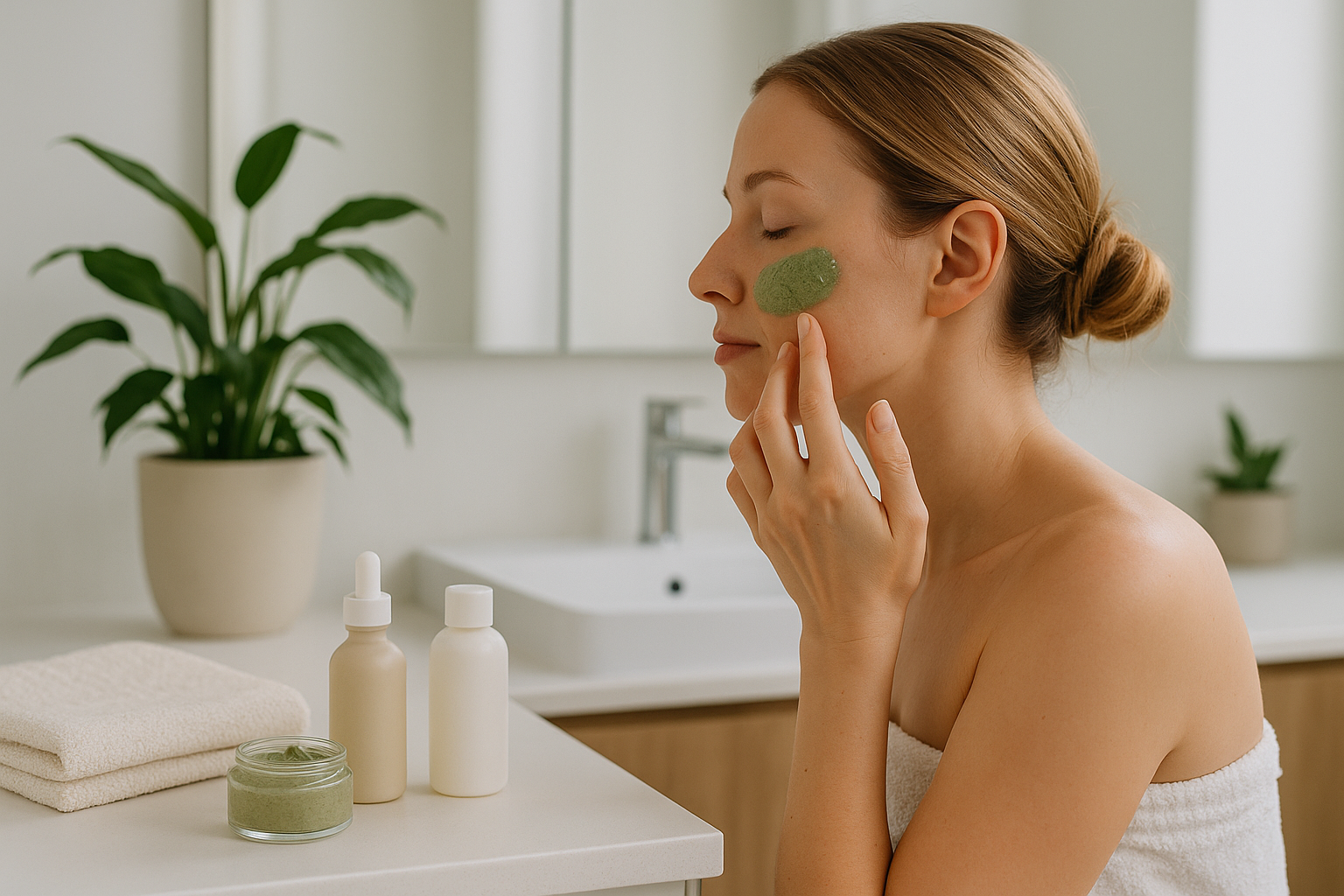 Ambiente bagno minimal e luminoso che richiama una routine di autocura quotidiana